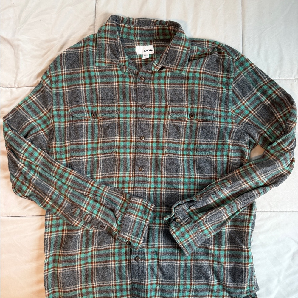 Sonoma Gray and Green Plaid Long Sleeve Shirt